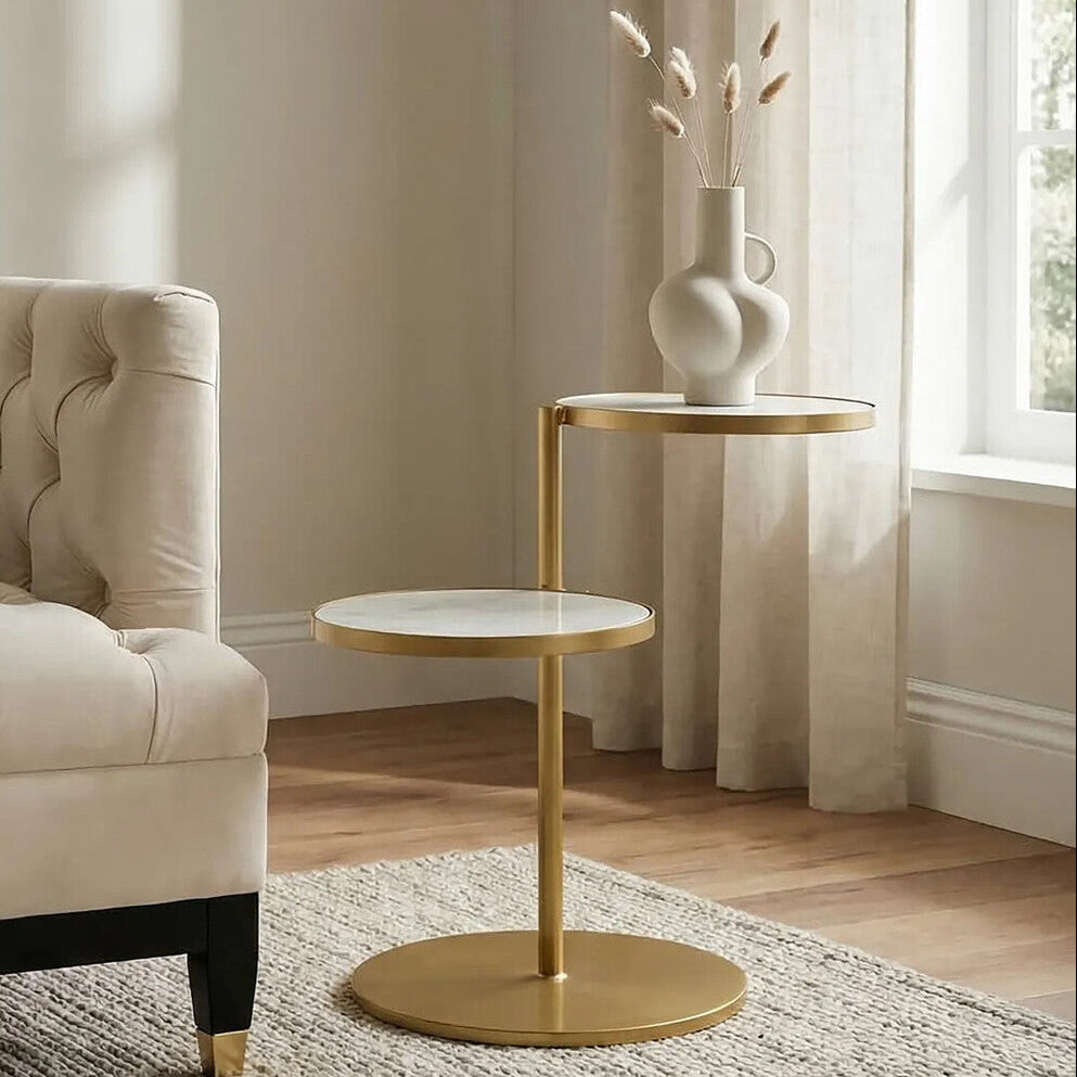Gold Finish 2 Shelves Side Table with White Marble Tops