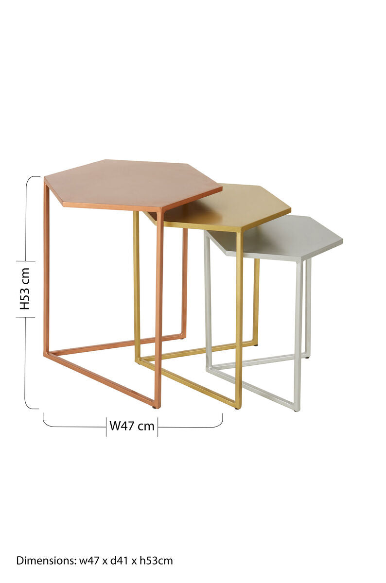 Nest of 3 Assorted Hexagonal Nesting Table with Metallic Tops