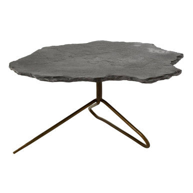 Grey Stone and Antique Brass Coffee Table with Freeform Edge