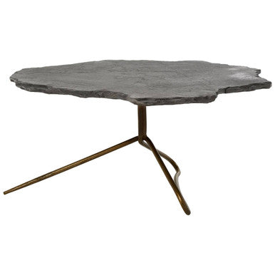 Grey Stone and Antique Brass Coffee Table with Freeform Edge