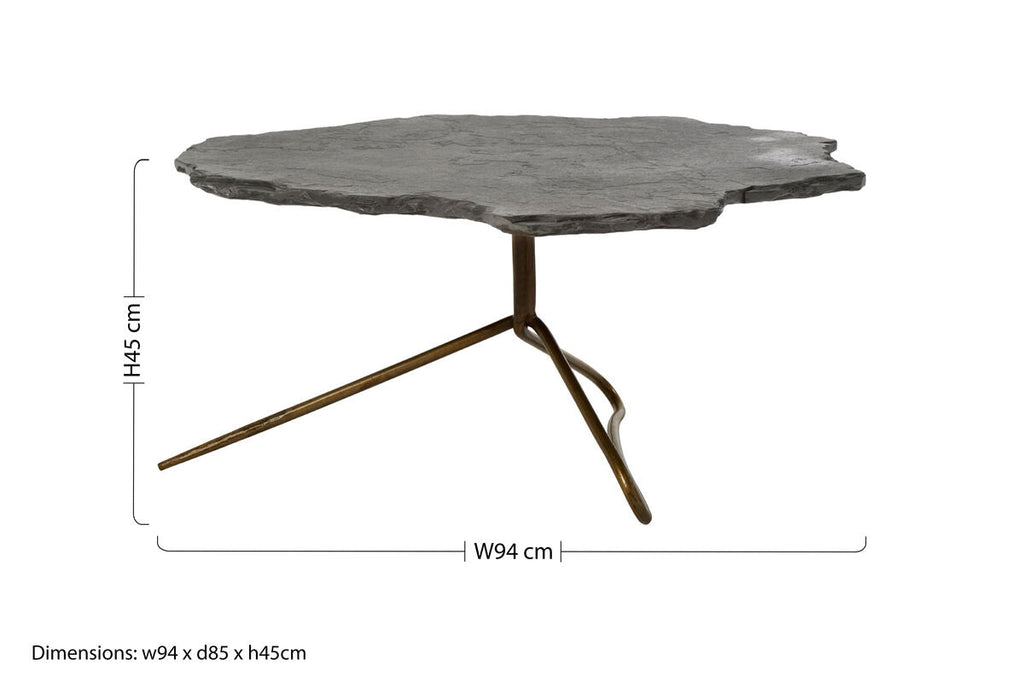 Grey Stone and Antique Brass Coffee Table with Freeform Edge