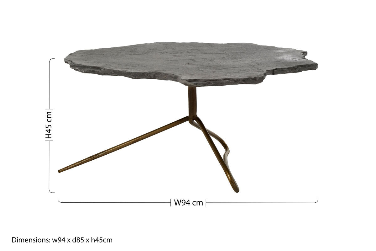 Grey Stone and Antique Brass Coffee Table with Freeform Edge