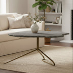 Grey Stone and Antique Brass Coffee Table with Freeform Edge