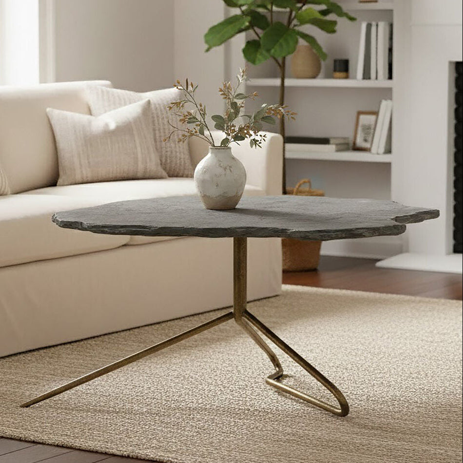 Grey Stone and Antique Brass Coffee Table with Freeform Edge