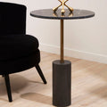 Black Marble Top Side Table with Antique Brass Iron Pole