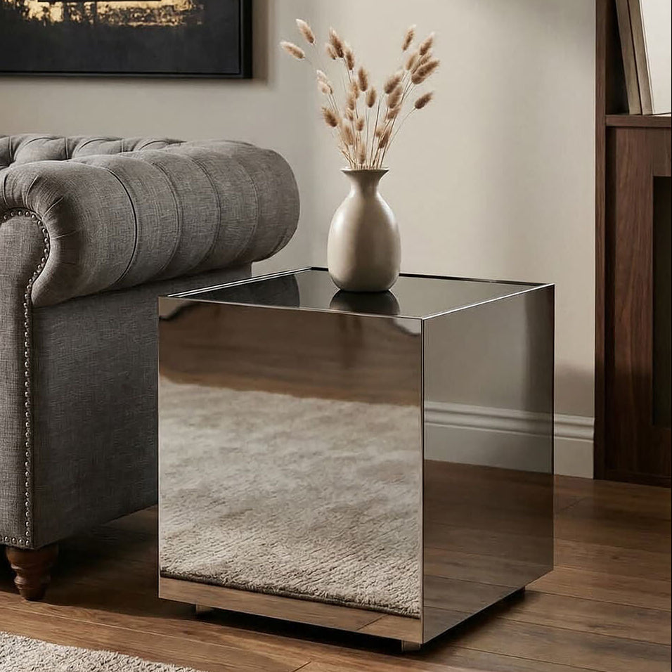 Black Tempered Glass Top Side Table with Silver Square Chrome Finish Frame