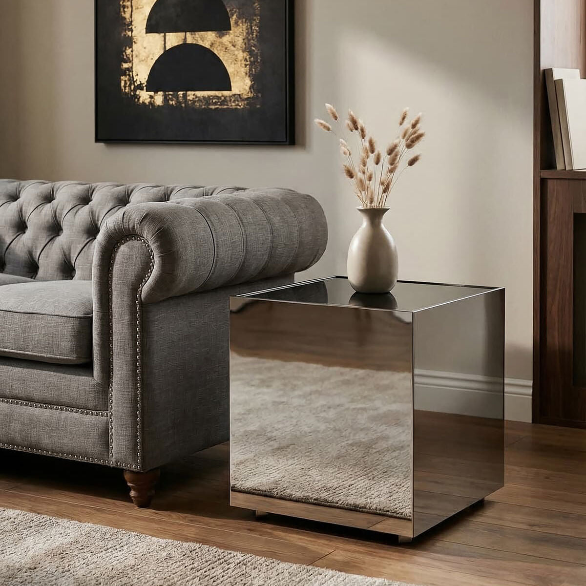 Black Tempered Glass Top Side Table with Silver Square Chrome Finish Frame