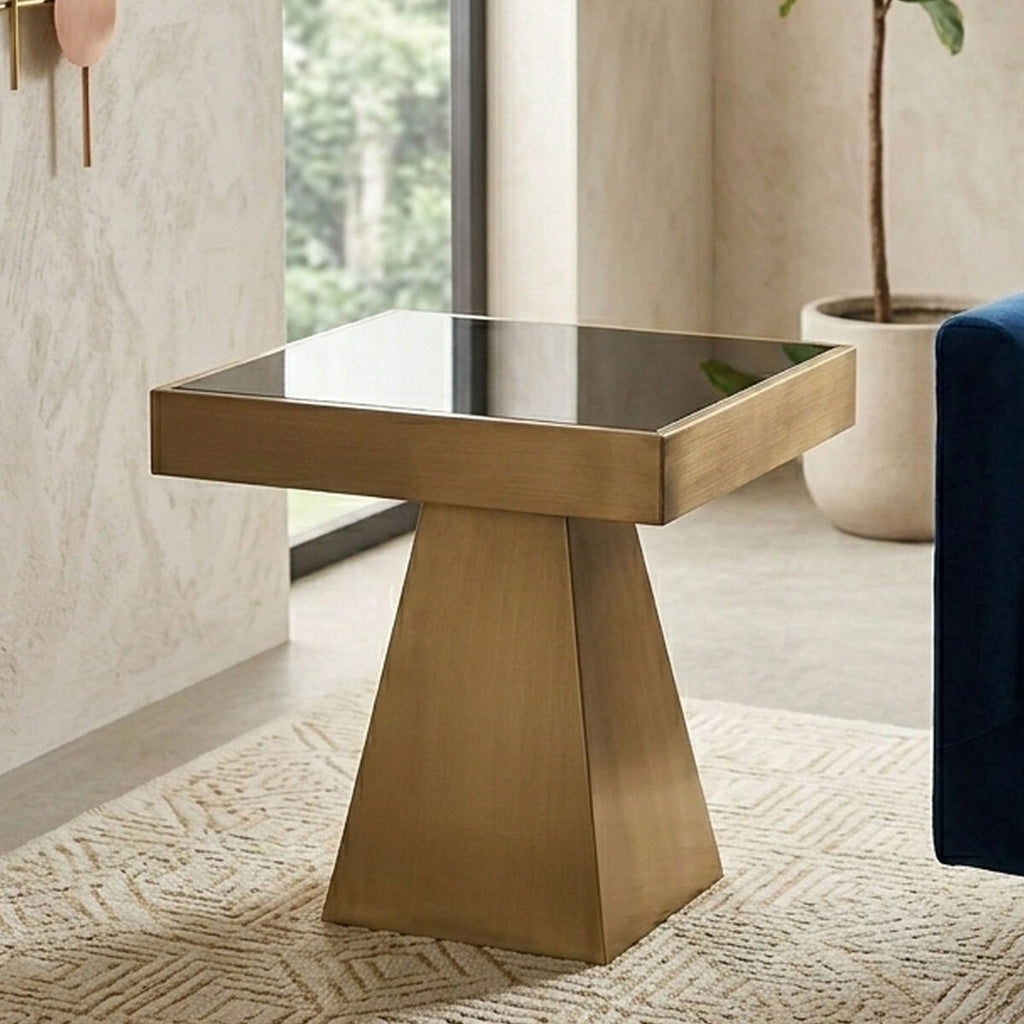 Black Glass and Gold Finish Square Side Table