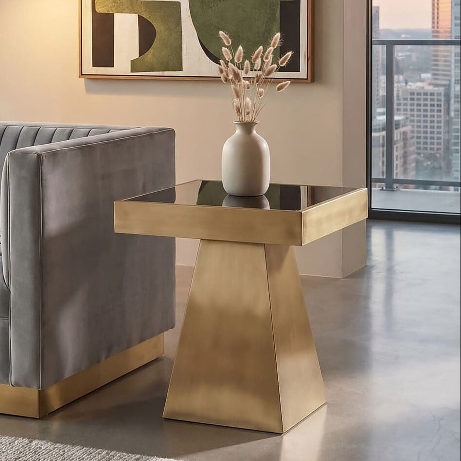 Black Glass and Gold Finish Square Side Table