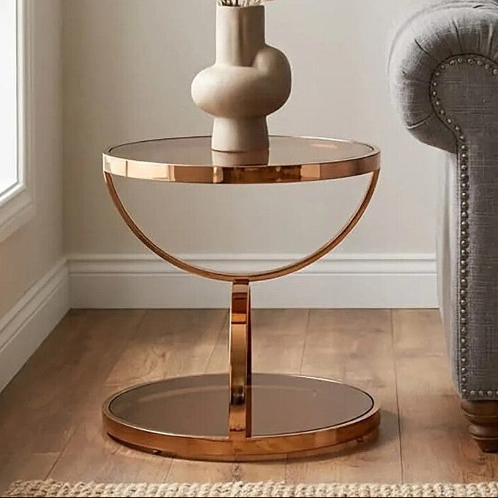 Smoked Glass Round Side Table with Rose Gold Base