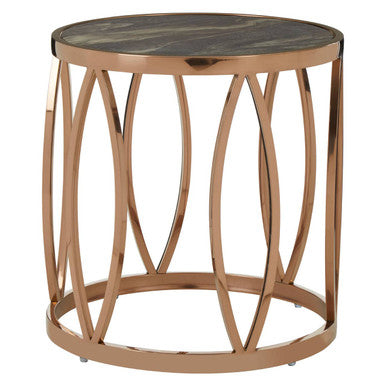 Gold Marble Top Round Side Table with Rose Gold Finish Leaf Base