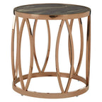 Gold Marble Top Round Side Table with Rose Gold Finish Leaf Base