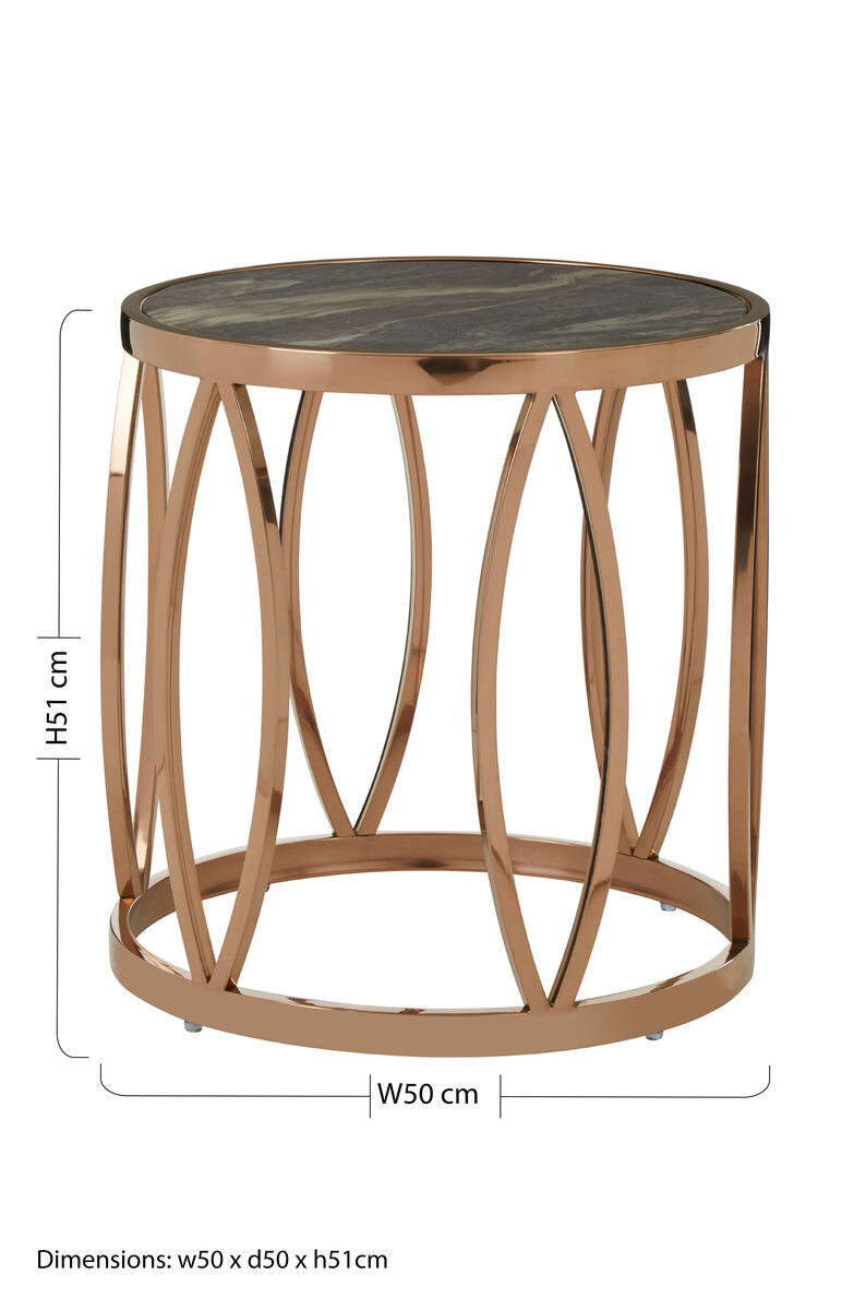 Gold Marble Top Round Side Table with Rose Gold Finish Leaf Base