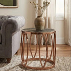 Gold Marble Top Round Side Table with Rose Gold Finish Leaf Base