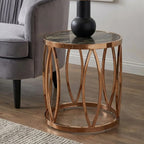 Gold Marble Top Round Side Table with Rose Gold Finish Leaf Base