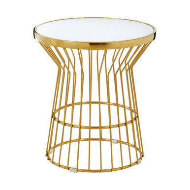Gold Finish Corset Base Side Table with White Glass Top