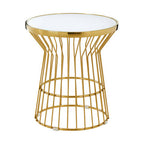 Gold Finish Corset Base Side Table with White Glass Top