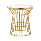 Gold Finish Corset Base Side Table with White Glass Top
