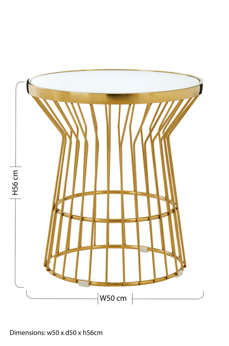Gold Finish Corset Base Side Table with White Glass Top