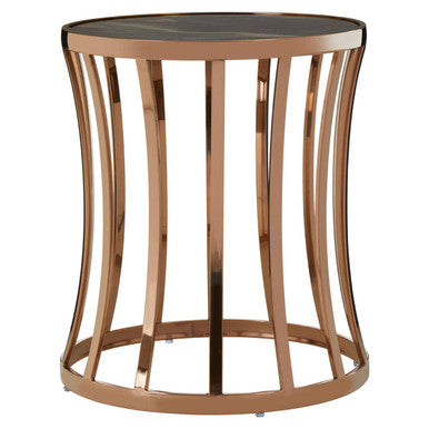 Black Marble Top Round Side Table with Gold Rose Finish Base