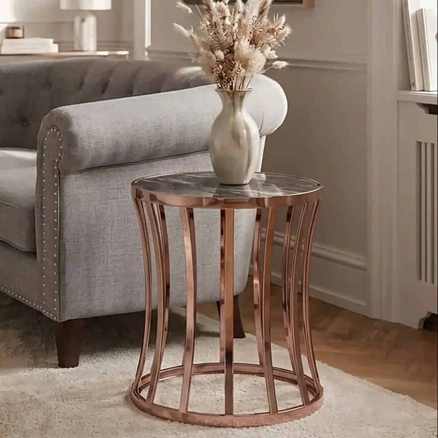 Black Marble Top Round Side Table with Gold Rose Finish Base