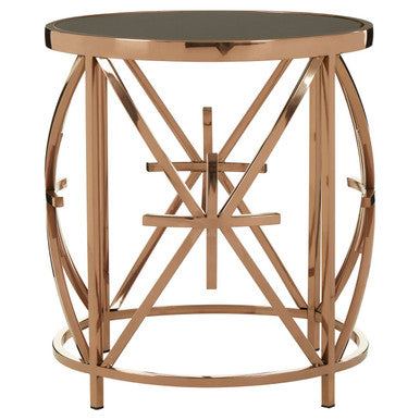 Black Glass Top Round Side Table with Rose Gold Star Stainless Steel Frame