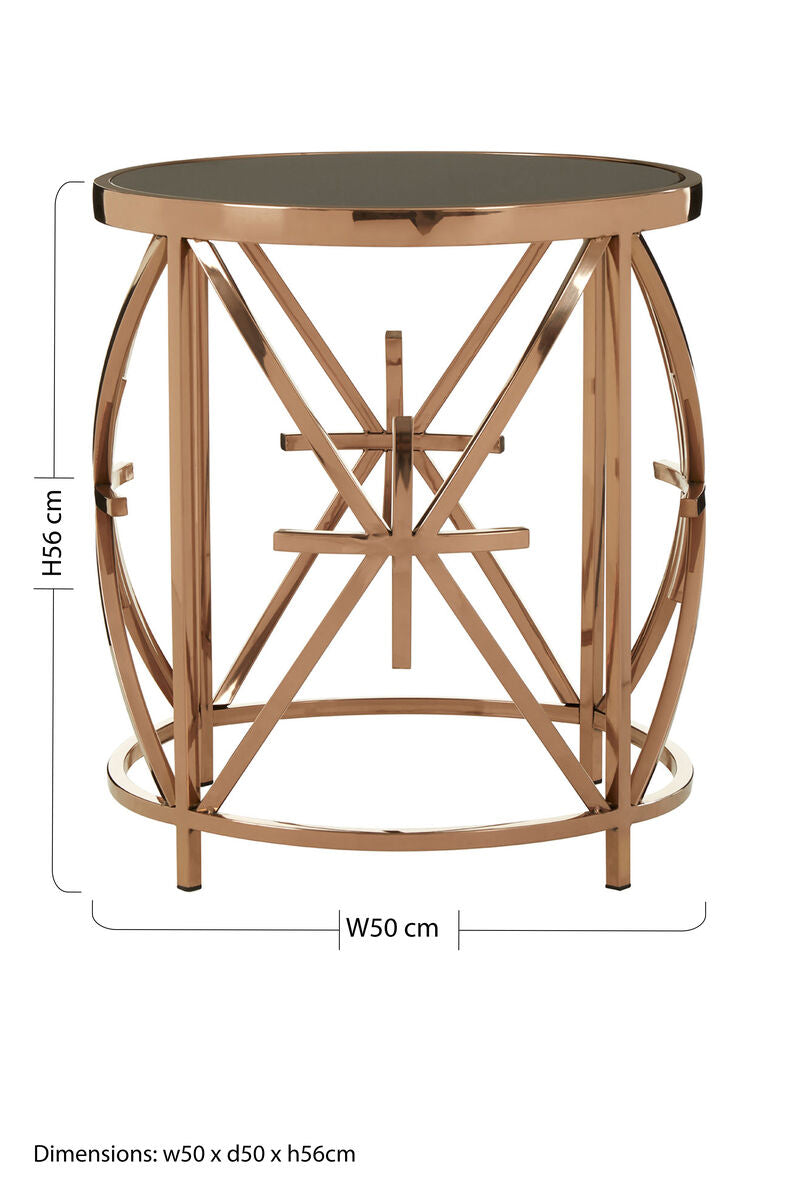 Black Glass Top Round Side Table with Rose Gold Star Stainless Steel Frame