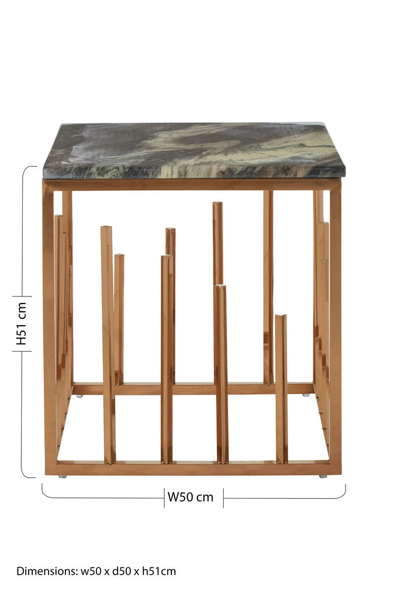 Black Marble Top Square Side Table with Rose Gold Finish Stainless Steel Frame