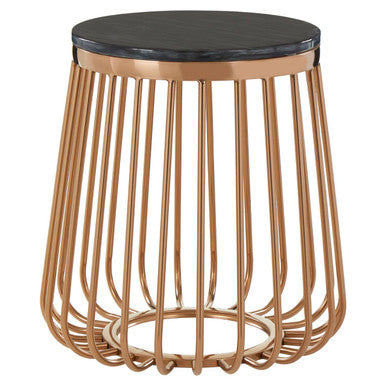 Black Marble Top Round Side Table With Gold Cage Design Metal Base