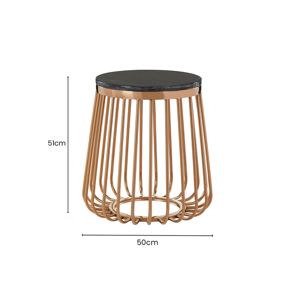 Black Marble Top Round Side Table With Gold Cage Design Metal Base
