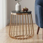 Black Marble Top Round Side Table With Gold Cage Design Metal Base