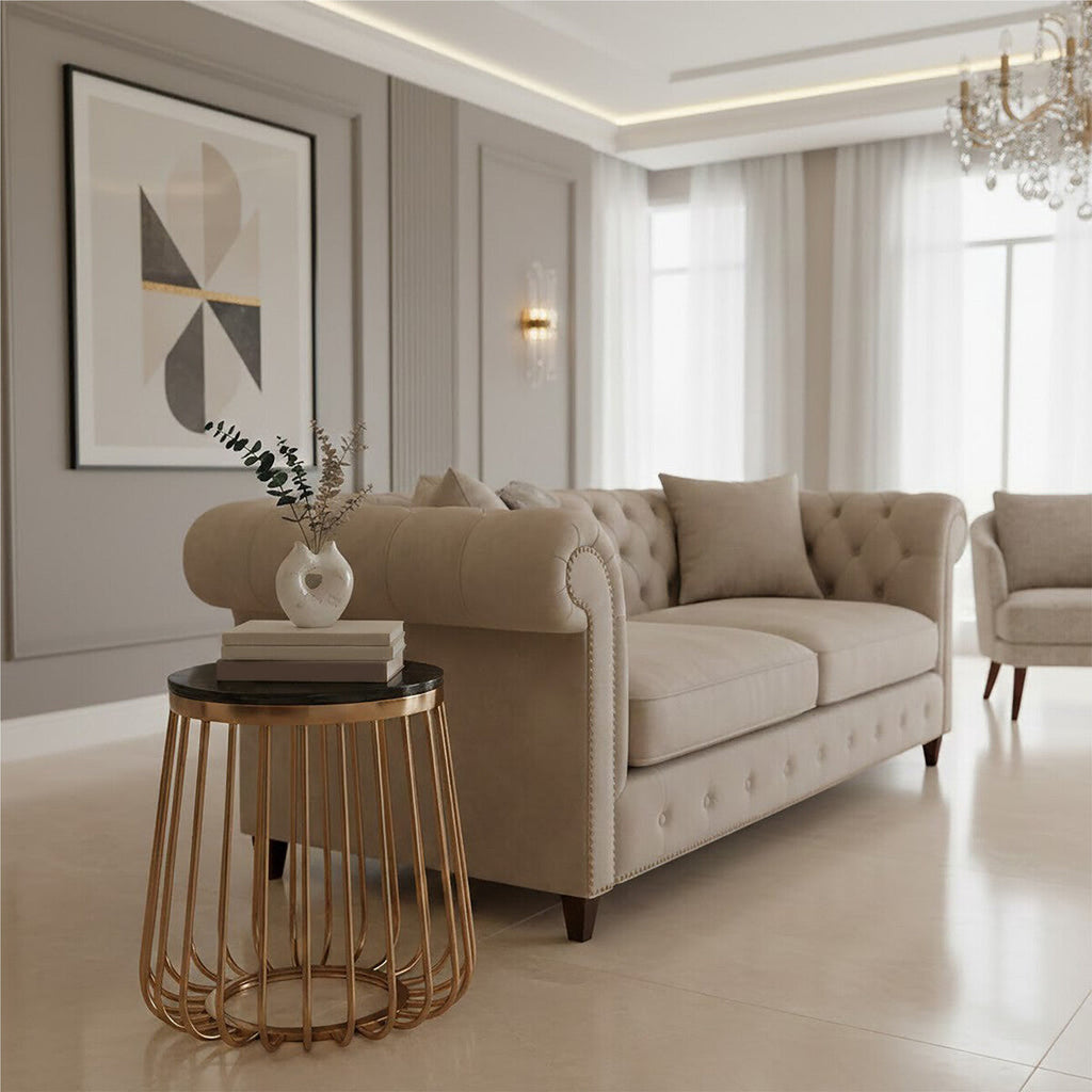 Black Marble Top Round Side Table With Gold Cage Design Metal Base