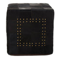 Black Genuine Leather Pouffe with Stud Detail