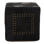 Black Genuine Leather Pouffe with Stud Detail