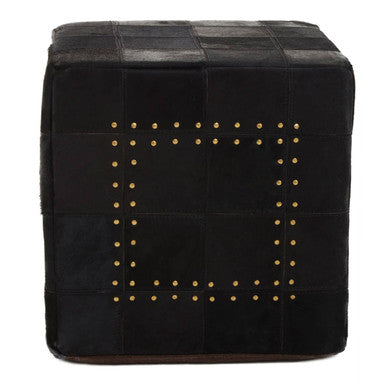 Black Genuine Leather Pouffe with Stud Detail