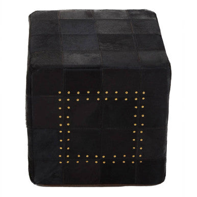 Black Genuine Leather Pouffe with Stud Detail