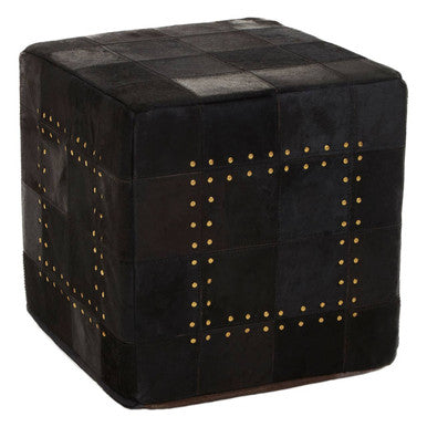 Black Genuine Leather Pouffe with Stud Detail