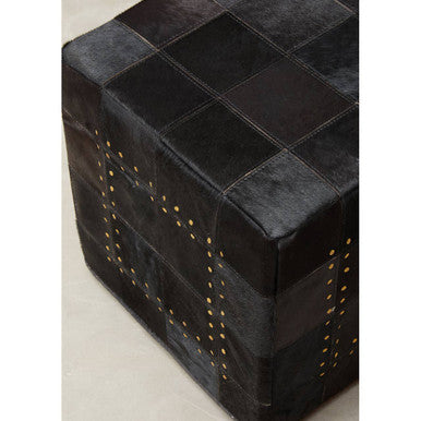 Black Genuine Leather Pouffe with Stud Detail