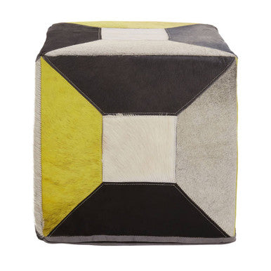 Black and White Hair on Leather Pouffe with Stitched Detail