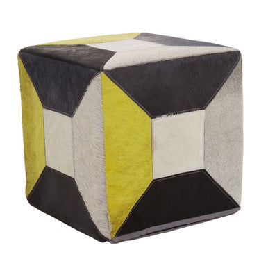 Black and White Hair on Leather Pouffe with Stitched Detail