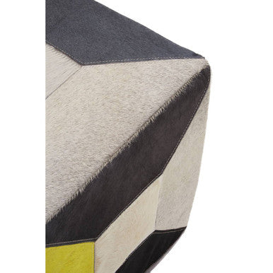 Black and White Hair on Leather Pouffe with Stitched Detail