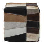Black Hair on Leather Pouffe with Geometric Patchwork