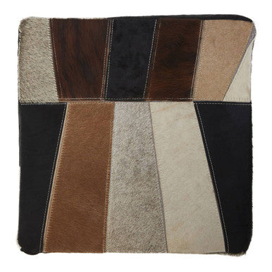 Black Hair on Leather Pouffe with Geometric Patchwork