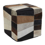 Black Hair on Leather Pouffe with Geometric Patchwork