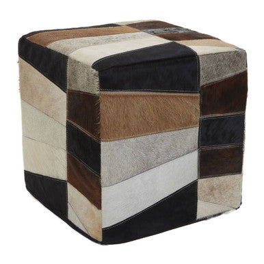 Black Hair on Leather Pouffe with Geometric Patchwork
