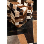 Black Hair on Leather Pouffe with Geometric Patchwork