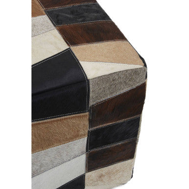 Black Hair on Leather Pouffe with Geometric Patchwork