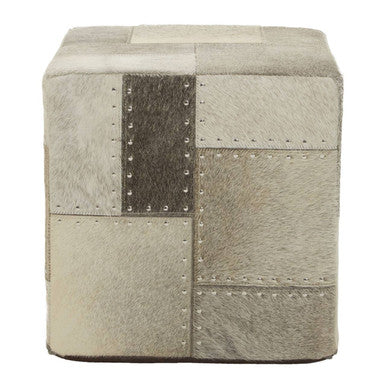 Grey Hair on Leather Pouffe with Geometric Patchwork