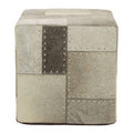 Grey Hair on Leather Pouffe with Geometric Patchwork