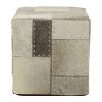 Grey Hair on Leather Pouffe with Geometric Patchwork